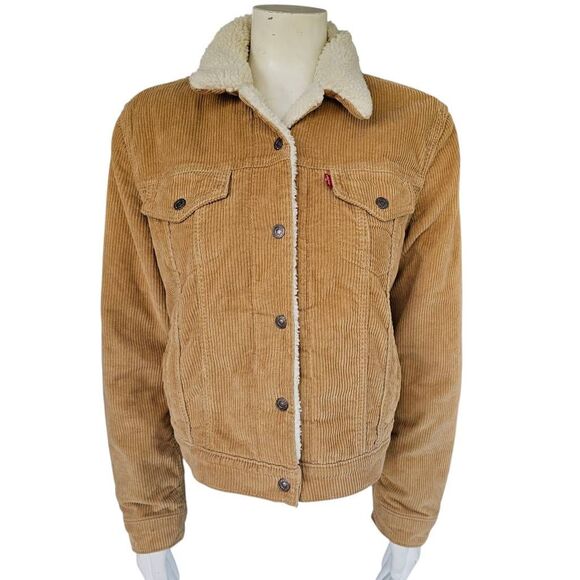 Levi’s Women’s XL Sherpa Corduroy Trucker Jacket Tan Brown Fleece Lined Warm - Picture 1 of 9